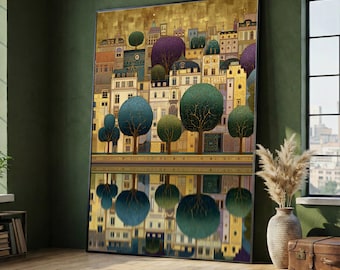 Gustav Klimt Cityscape Canvas Wall Art, Ornate Building and Tree Reflection, Gold Accent Home Decor, Modern Art Print, Ready to Hang Canvas