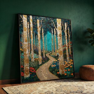 Gustav Klimt Forest Path Canvas Wall Art, Floral Nature Scene, Golden Tree Trunks Painting, Decorative Home Wall Decoration