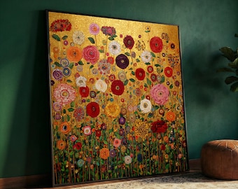 Gustav Klimt Floral Garden Canvas Wall Art, Colorful Flowers on Gold Background, Vibrant Art Print for Home Decor, Elegant Nature Scene