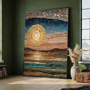 May include: Large mosaic art piece depicting a sunset over a body of water. The artwork features a circular sun in shades of gold and yellow, with a blue and gold starry sky. The water is a mix of teal and brown, and the piece is framed in black.