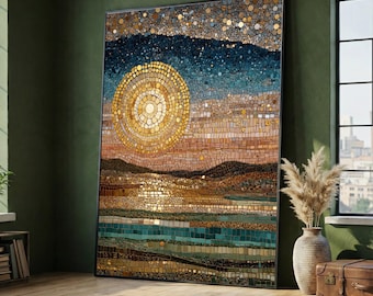 Gustav Klimt Golden Sun Mosaic Canvas Wall Art, Abstract Landscape Decoration, Modern Home Art Print, Ready to Hang