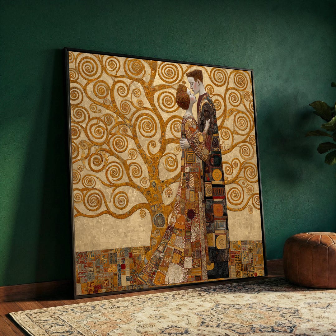 Gustav Klimt Tree of Life Embrace Canvas, Romantic Gold Spiral Wall Art ...