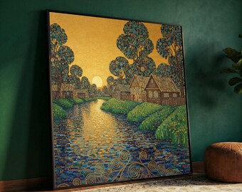 Gustav Klimt Sunset River Scene Canvas, Village Landscape Wall Art, Decorative Home Canvas, Artistic Nature Painting