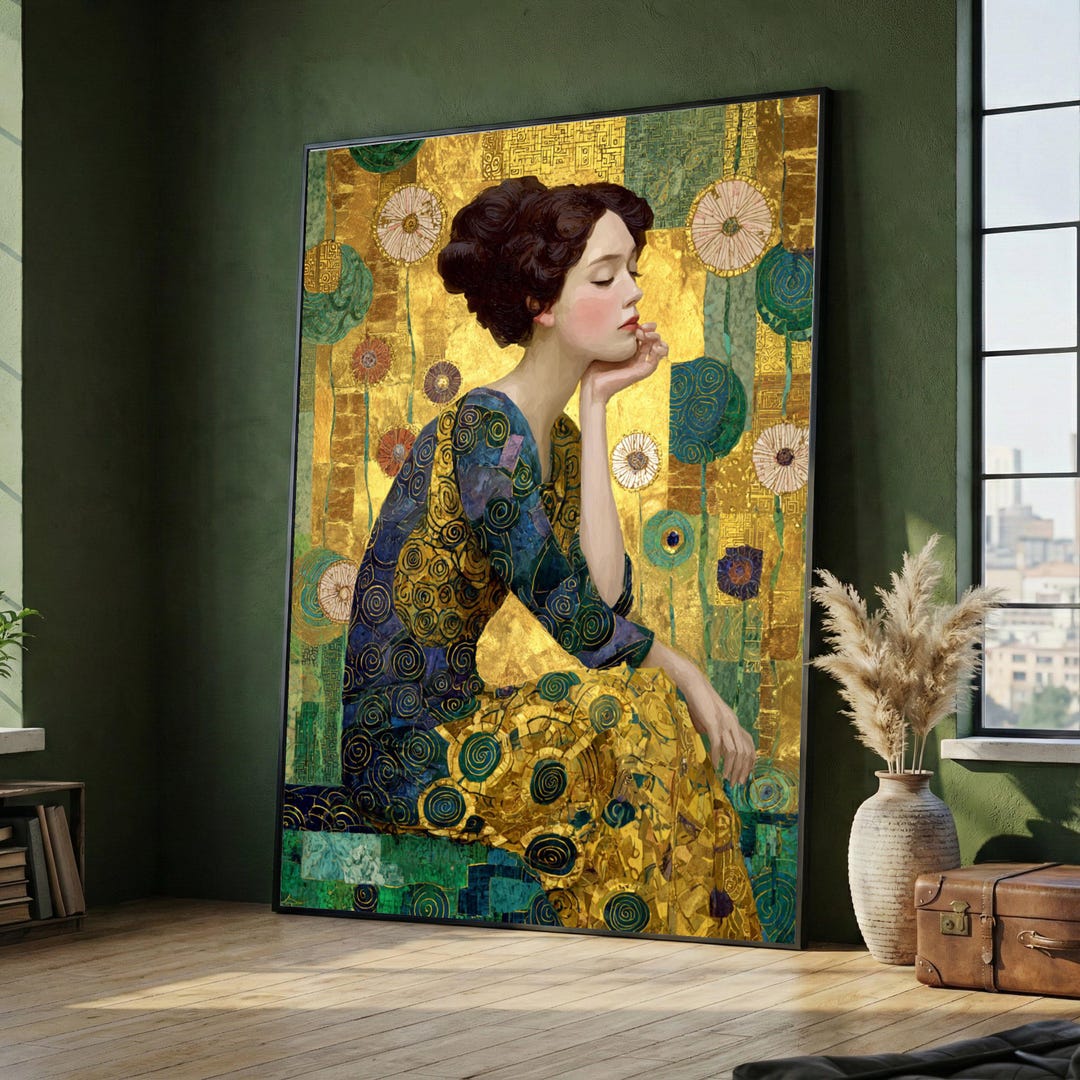 Gustav Klimt Style Lady Portrait Canvas Wall Art, Gold Leaf Decorative ...
