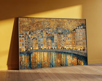 Paisaje urbano nocturno de Gustav Klimt, lienzo con cielo dorado, decoración de pared con edificios iluminados, lienzo con reflejo de río, decoración clásica moderna para el hogar.