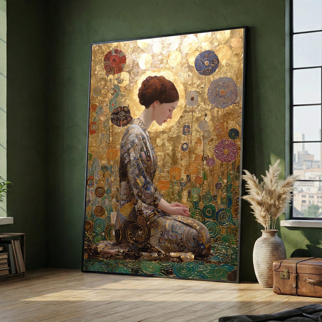Gustav Klimt Golden Floral Canvas Wall Art, Meditative Woman Portrait ...
