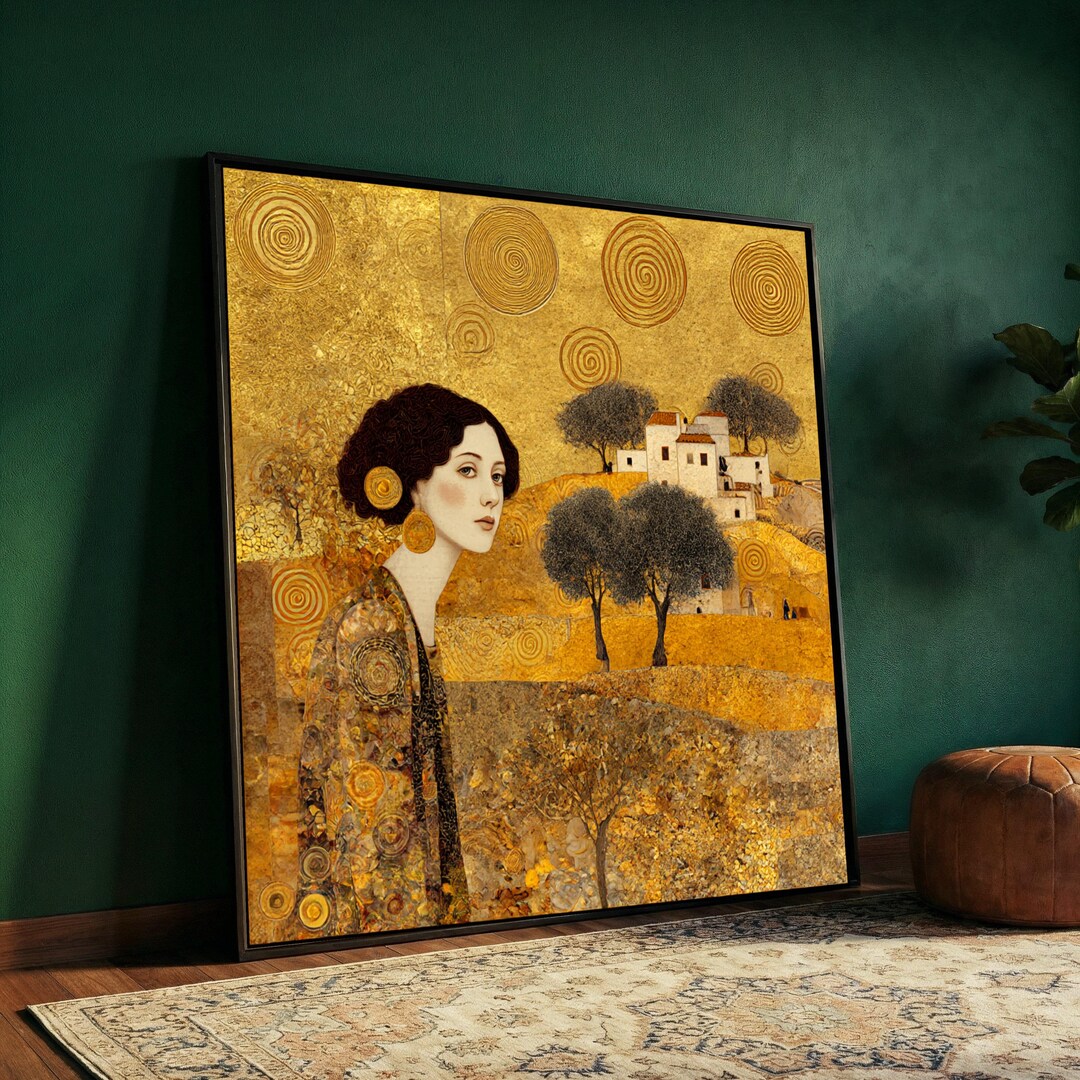 Gustav Klimt Woman Portrait Canvas, Golden Abstract Landscape Wall Art ...
