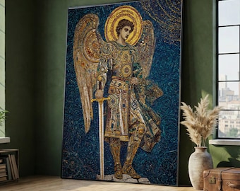 Gustav Klimt Angel Mosaic Canvas Wall Art, Religious Iconography Painting, Golden Halo Sword Artwork, Spiritual Home Decor, Ready to Hang