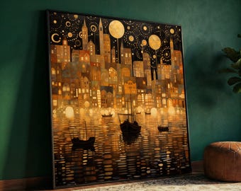 Gustav Klimt Night Lights Cityscape Canvas, Illuminated Harbor Scene Wall Art, Golden Reflection Canvas, Modern Artistic Home Decor
