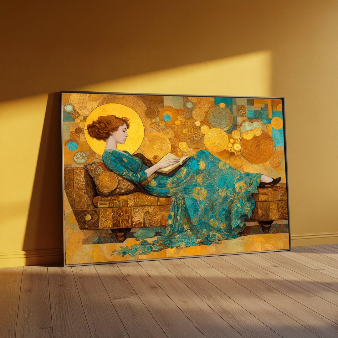 Gustav Klimt Reading Woman Canvas, Art Nouveau Wall Art, Elegant Female ...