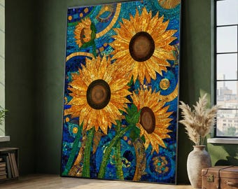 Gustav Klimt Sunflowers Mosaic Canvas, Vibrant Floral Wall Art, Colorful Sunflower Canvas, Artistic Flower Decoration, Modern Home Canvas
