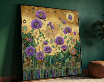 Gustav Klimt Purple Poppies Canvas Wall Art, Floral Art Print, Botanical Garden Canvas, Decorative Home Wall Decor, Modern Art Piece