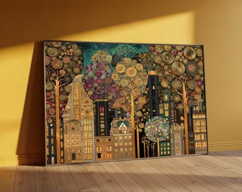Gustav Klimt Cityscape Canvas, Golden Spiral Trees Wall Art, Urban Landscape Canvas, Decorative Home Art, Modern Canvas Wall Decoration