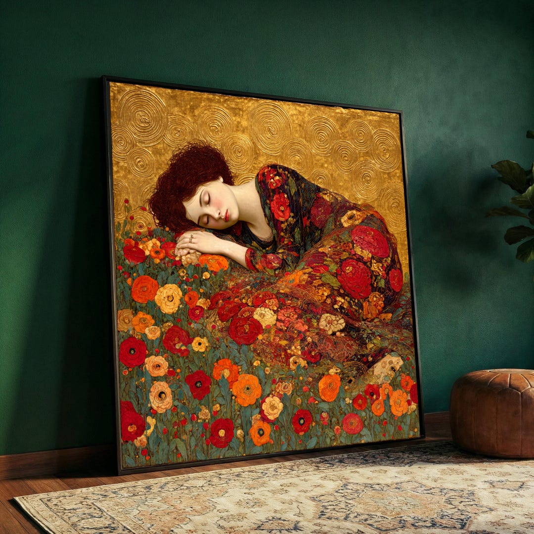 Gustav Klimt Sleeping Woman Canvas, Floral Pattern Art, Decorative Wall ...
