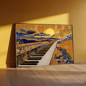 Könnte beinhalten: Ein gerahmter Kunstdruck, der eine Klaviatur zeigt, die zu einer goldenen Sonne und Noten führt. Das Kunstwerk weist einen Mosaikstil mit Gold-, Blau- und Orangetönen auf. Das Bild weckt ein Gefühl von Musik und künstlerischem Ausdruck.