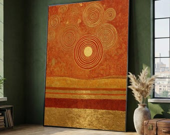 Gustav Klimt Abstract Circles Canvas, Golden Red Modern Wall Art, Geometric Swirl Design, Contemporary Canvas Decoration