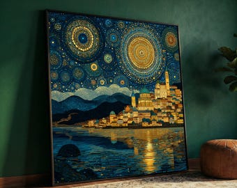 Gustav Klimt Starry Night Cityscape Canvas, Mosaic Style Wall Art, Night Sky Reflection Painting, Decorative Canvas for Home