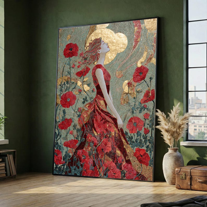 Gustav Klimt Woman in Red Dress, Floral Mosaic Canvas Wall Art, Gold ...