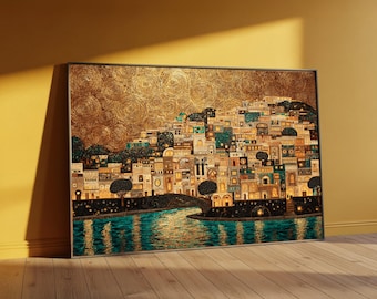 Gustav Klimt Cityscape Canvas Wall Art, Gold Landscape, Artistic Urban Scene Canvas, Modern Decorative Wall Hanging, Ready to Hang