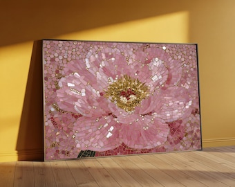 Gustav Klimt Pink Floral Mosaic Canvas, Elegant Flower Wall Art, Decorative Home Canvas, Artistic Mosaic Pattern Design