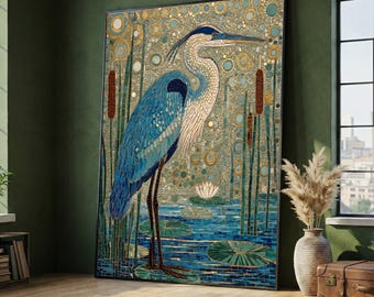 Gustav Klimt Blue Heron Canvas Wall Art, Mosaic Style Bird Painting, Nature Landscape Canvas, Decorative Home Wall Art