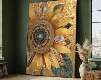 Gustav Klimt Sunflower Canvas Wall Art, Golden Mosaic Floral Design, Decorative Home Canvas, Luxury Nature Wall Decoration