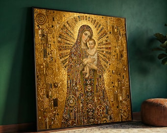 Gustav Klimt Madonna and Child Canvas, Golden Religious Wall Art, Decorative Canvas Painting, Spiritual Art Print, Home Decor Accent