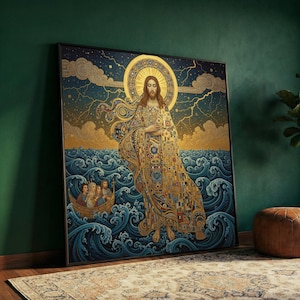 May include: A framed art print depicting a religious figure standing on water, surrounded by waves. The figure is adorned in a detailed, patterned robe with a golden halo. A small boat with figures is in the lower left corner. The background features a golden sky and dark blue clouds.