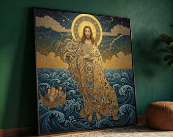 Gustav Klimt Spiritual Jesus Walking on Water Canvas, Religious Art Print, Decorative Wall Art, Sacred Iconography Canvas, Home Decor
