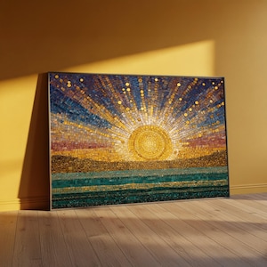May include: A framed mosaic art piece depicting a sunset over the ocean. The artwork features a large, golden sunburst radiating from the center, with blue, gold, and teal mosaic tiles. The piece is leaning against a yellow wall.