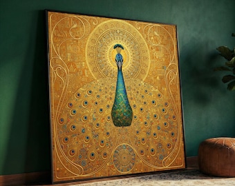 Gustav Klimt Peacock Canvas Wall Art, Ornate Gold Decorative Painting, Elegant Animal Artwork, Luxury Home Wall Decoration, Ready to Hang