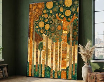 Gustav Klimt Golden Trees Canvas, Abstract Forest Wall Art, Modern Decorative Canvas, Nature Home Decor, Ready to Hang Painting