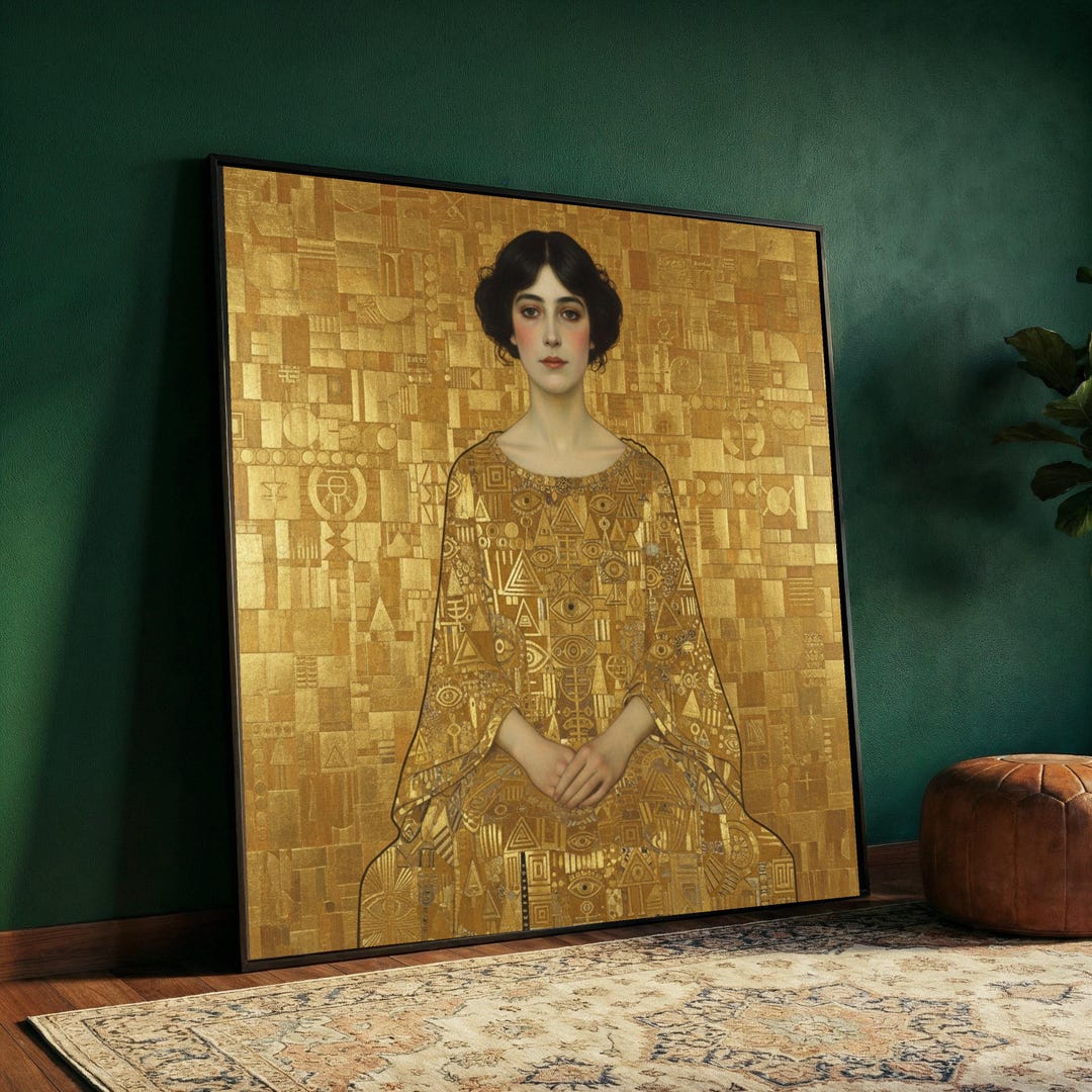 Gustav Klimt Woman Portrait Canvas, Gold Geometric Pattern Wall Art ...