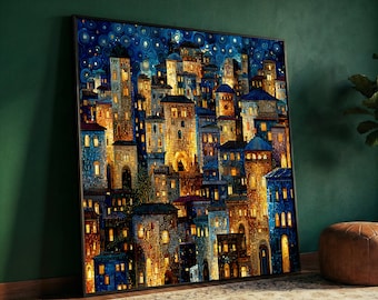 Illuminated Ancient Cityscape Canvas, Gustav Klimt Wall Art, Mosaic Style Urban Night Scene, Contemporary Home Decoration
