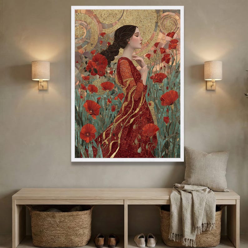 Gustav Klimt Red Poppy Woman Canvas, Elegant Floral Art Print, Gold ...