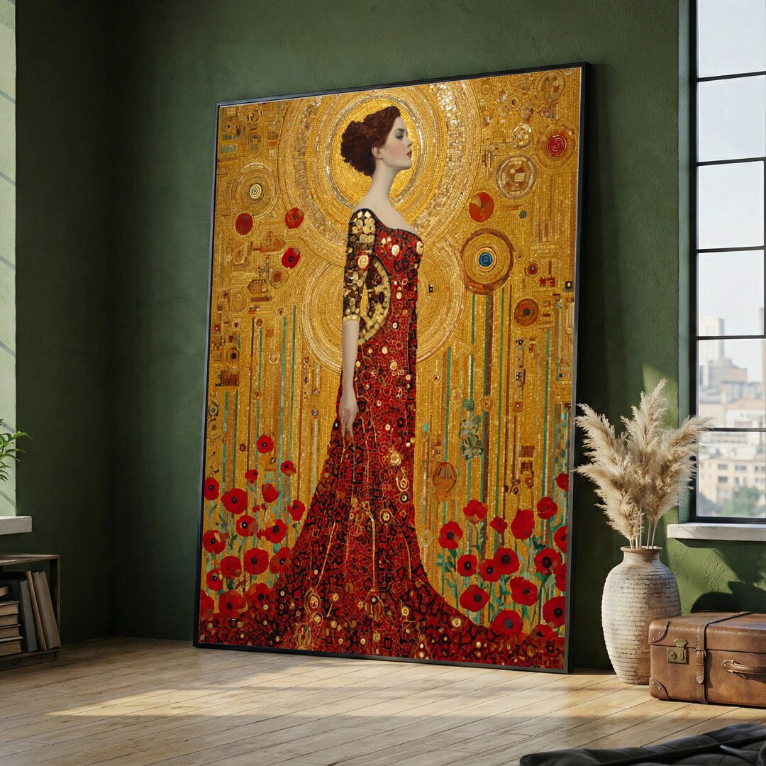 Gustav Klimt Woman in Red Dress Canvas, Mosaic Art Wall Decor, Gold ...