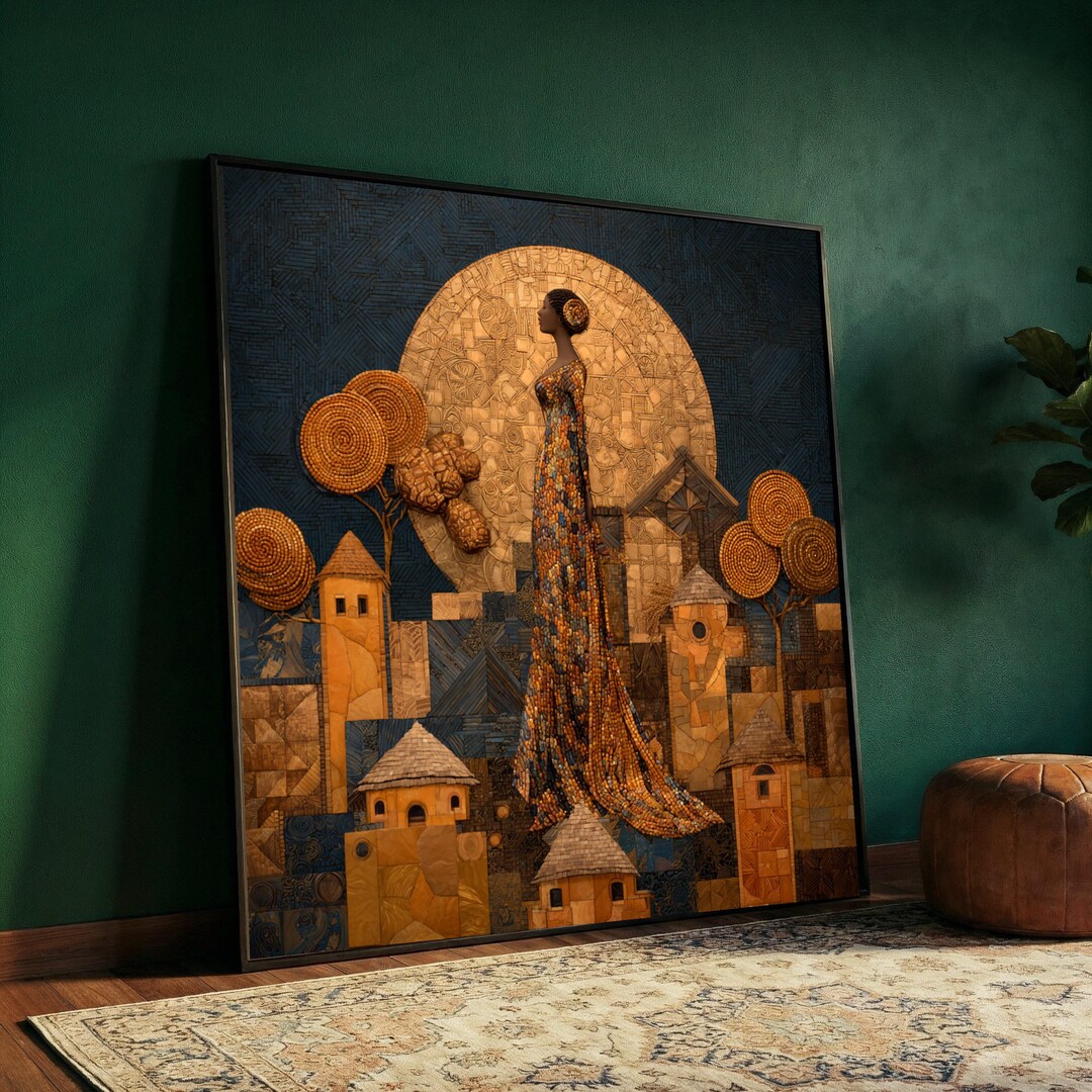 Gustav Klimt Woman in Mosaic Gown Canvas, Abstract Gold and Blue Wall ...