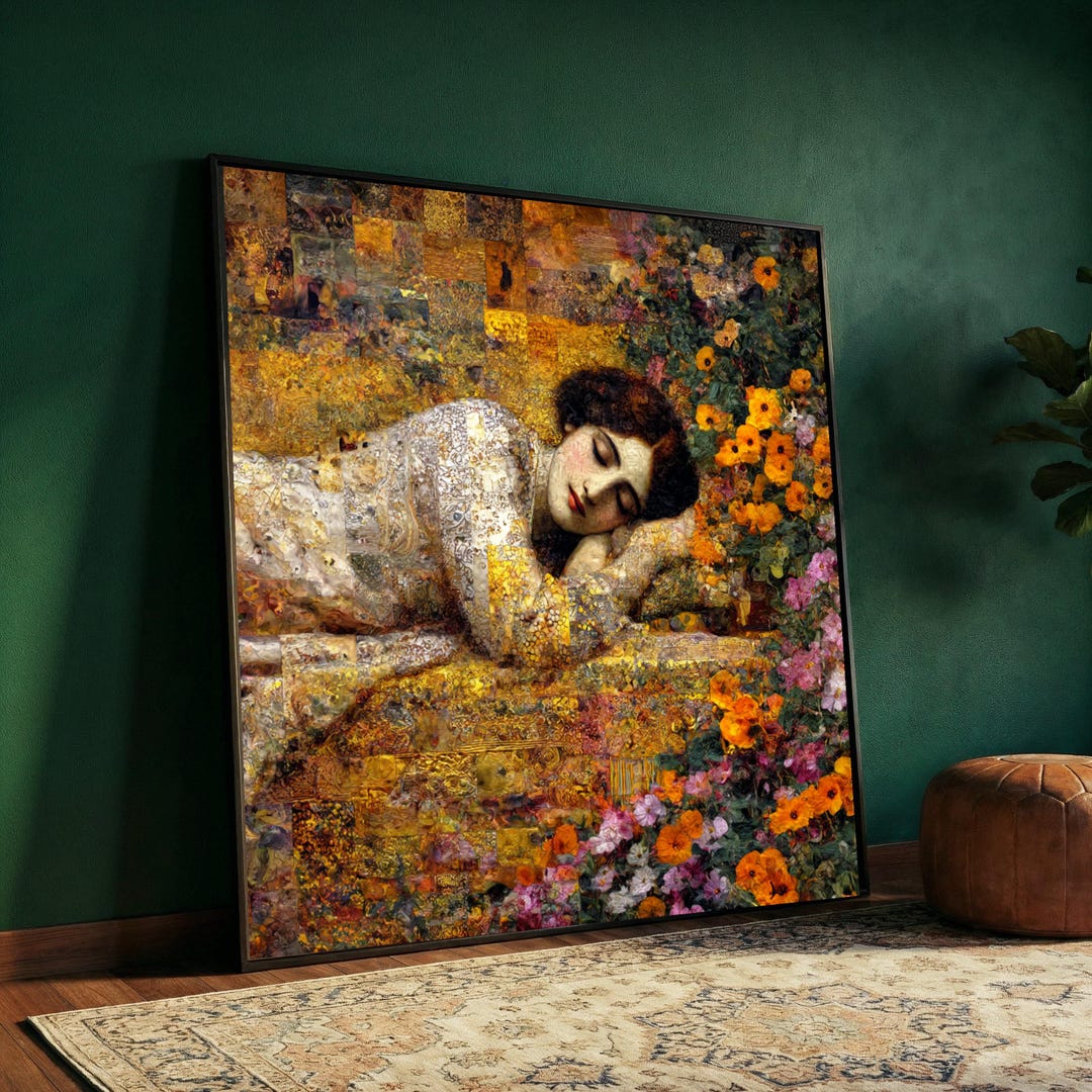 Gustav Klimt Sleeping Woman Canvas, Floral Art Print, Decorative Wall ...
