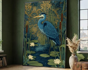 Toile héron bleu Gustav Klimt, oeuvre d'art murale nature ornée, oiseau décoratif et nénuphars, décoration artistique sur toile pour la maison