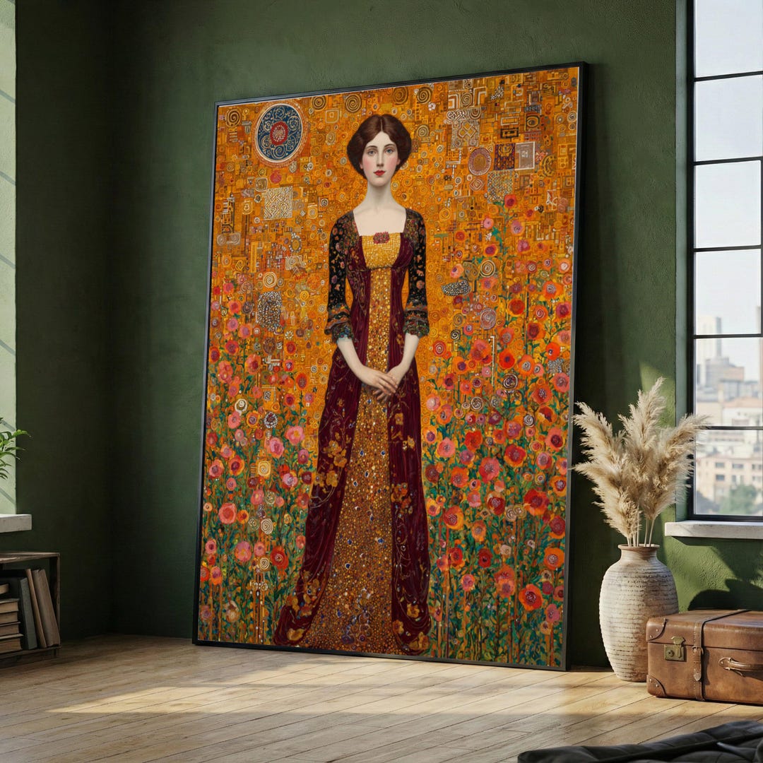 Gustav Klimt Woman in Floral Gold Dress Canvas, Art Nouveau Portrait ...