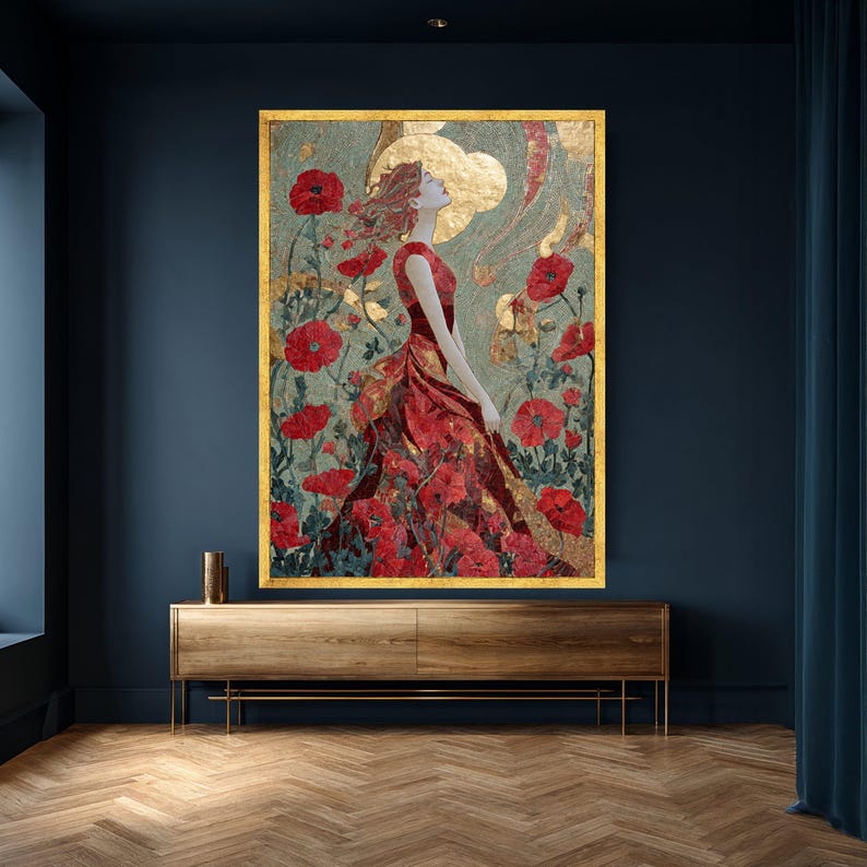 Gustav Klimt Woman in Red Dress, Floral Mosaic Canvas Wall Art, Gold ...
