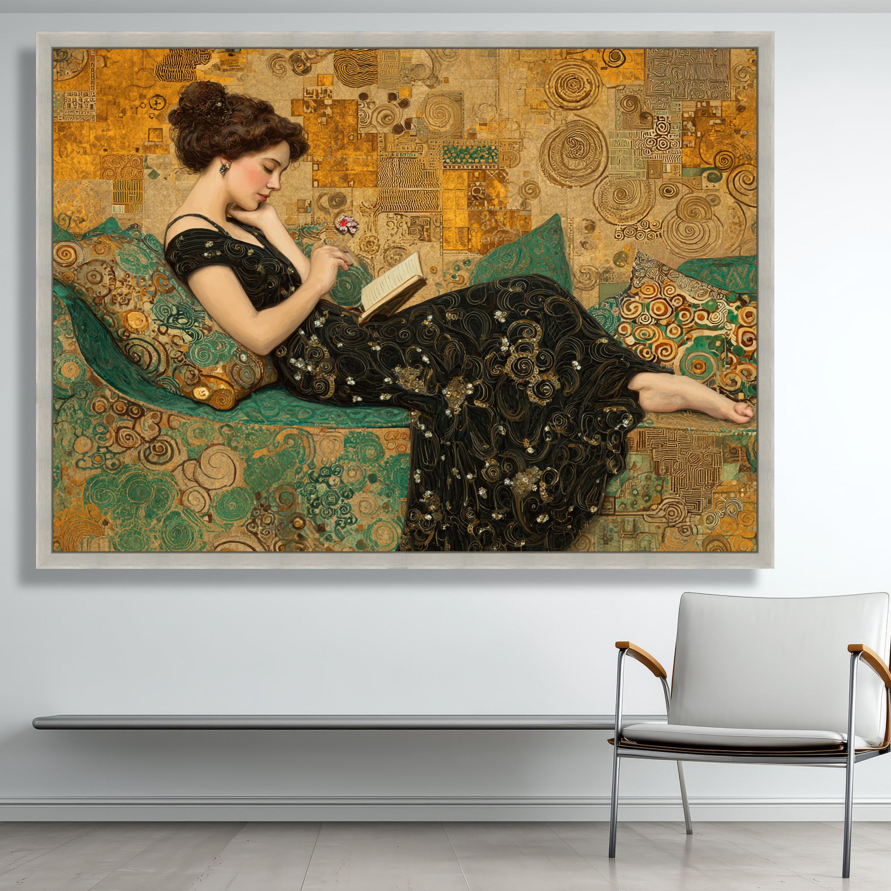Gustav Klimt Reading Woman Canvas, Elegant Art Nouveau Wall Decor ...