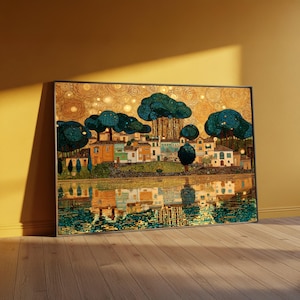 Quadro su tela di Gustav Klimt con paesaggio di villaggio e riflesso del cielo dorato, scena artistica naturalistica, elegante decorazione per la casa, pronto per essere appeso.