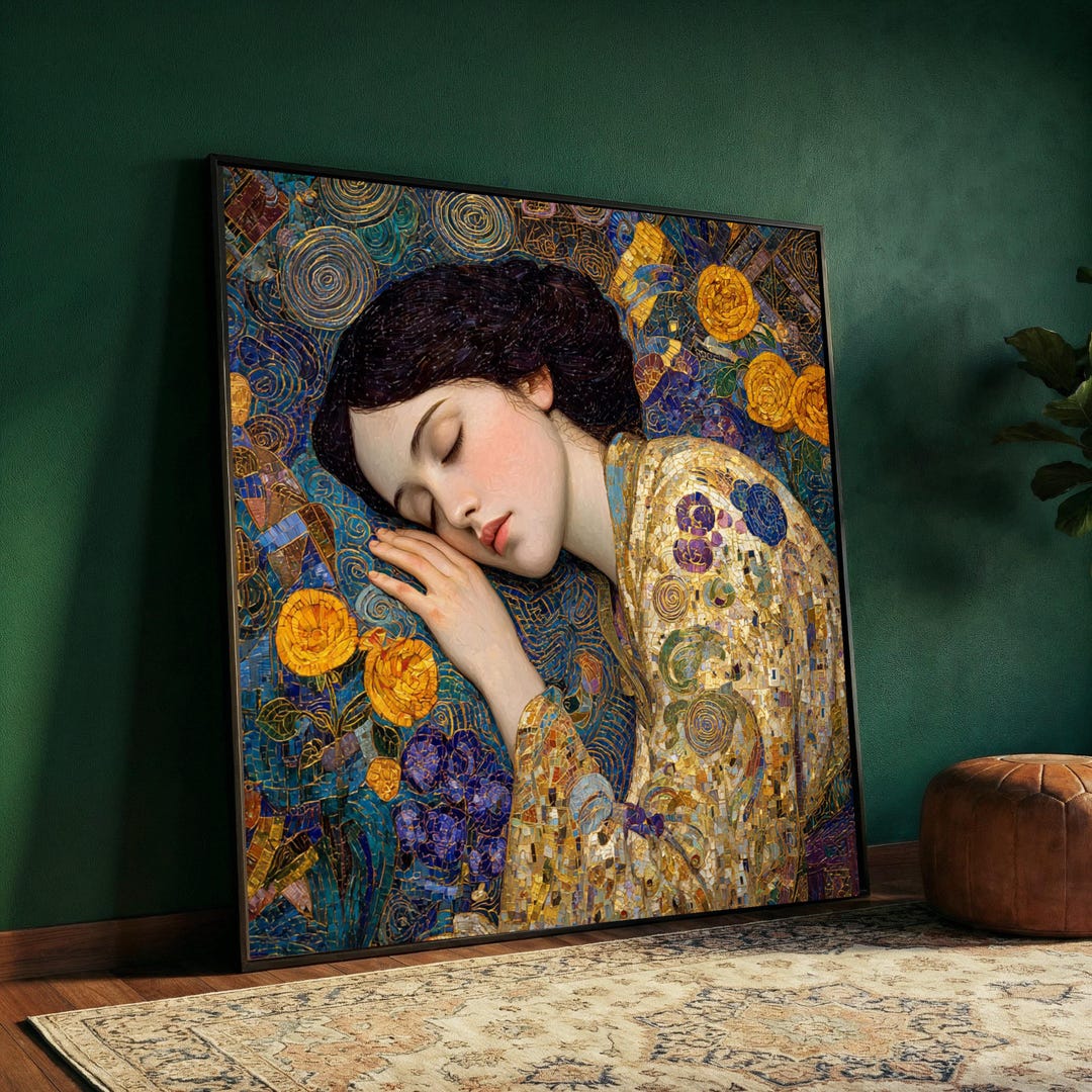 Gustav Klimt Sleeping Woman Canvas, Art Nouveau Wall Art, Floral Mosaic ...