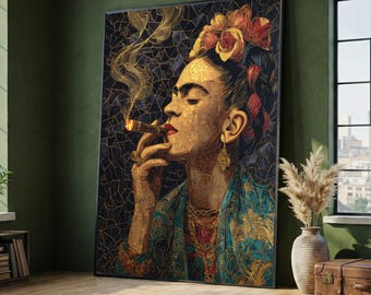 Frida Kahlo Smoking Cigar Canvas Wall Art, Gustav Klimt Style Mosaic Portrait, Modern Decorative Canvas, Artistic Home Decor