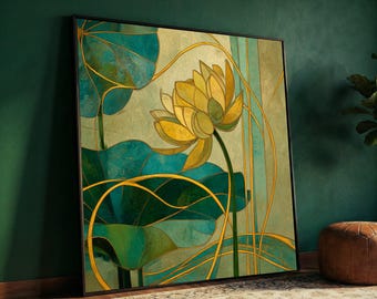 Gustav Klimt Lotus Flower Canvas, Floral Art Print, Decorative Wall Art, Modern Botanical Canvas, Home Decor Painting