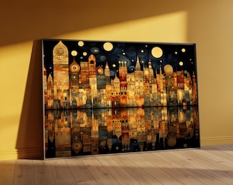 Gustav Klimt Abstract Cityscape Canvas, Golden Night Skyline Wall Art, Modern Geometric Architecture Canvas, Reflective Urban Landscape