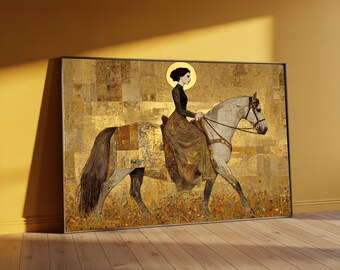 Toile femme sur cheval Gustav Klimt, oeuvre d'art murale décorative dorée, portrait équestre élégant, toile de style Art nouveau, peinture de décoration intérieure