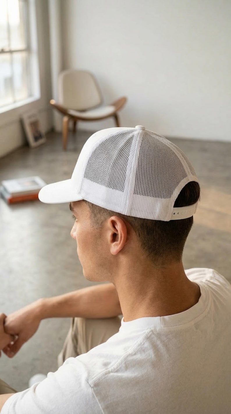 Puede incluir: Gorra de camionero blanca con parte trasera de malla y visera curva. La gorra tiene un cierre a presi&oacute;n ajustable. La persona lleva una camiseta blanca.