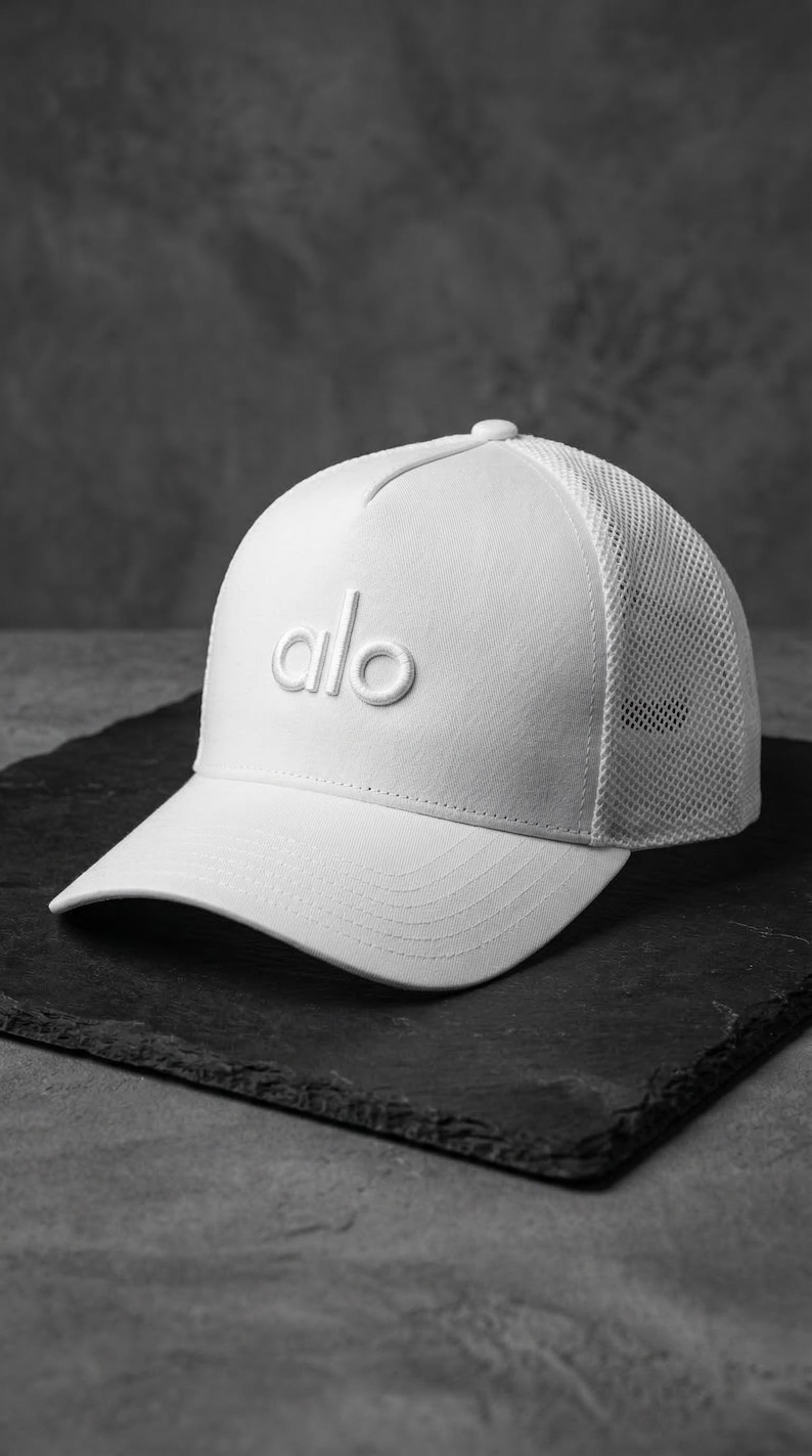 Puede incluir: Gorra de b&eacute;isbol blanca con la palabra "alo" bordada en la parte delantera. La gorra tiene un panel trasero de malla y una visera curva. El sombrero se muestra sobre una superficie oscura y texturizada.